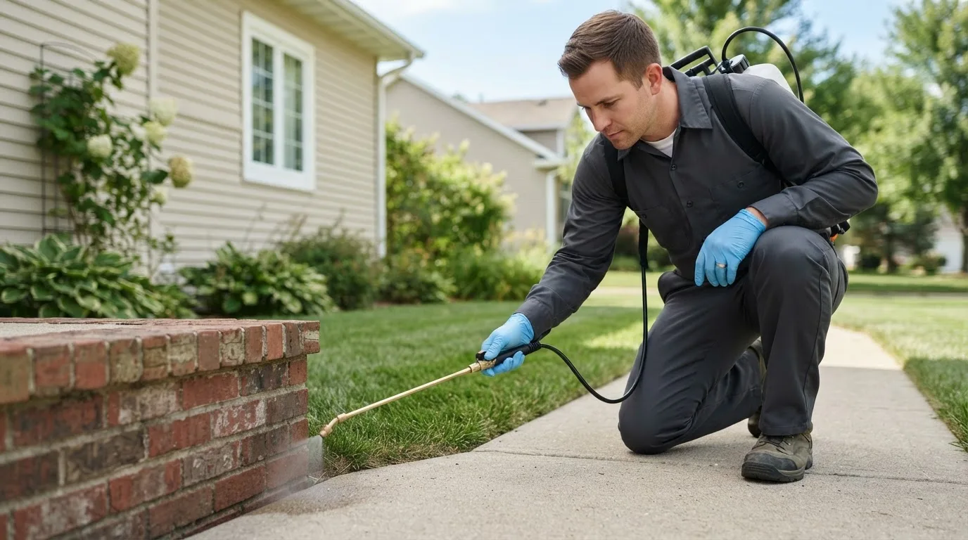 Pest control technician treating a home near Mountain Lake, MN